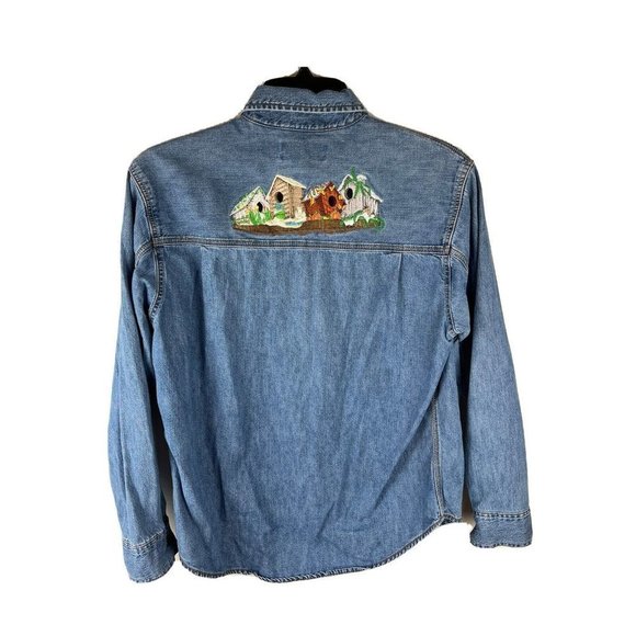 Levi Strauss Denim Button Down Shirt Embroidered Seasonal Birdhouses Size Medium - Picture 1 of 9